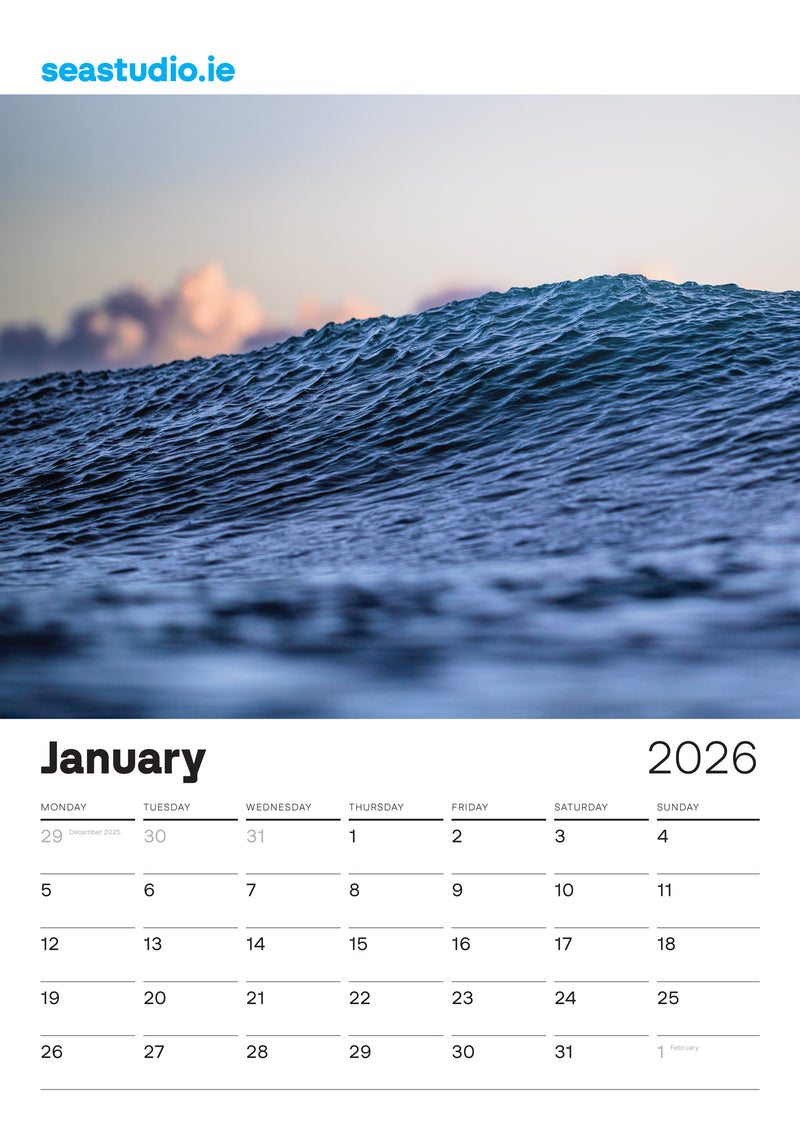 Sea Studio Calendar for January 2026 with a wave and sunset background, featuring the brand 'seastudio.ie'.