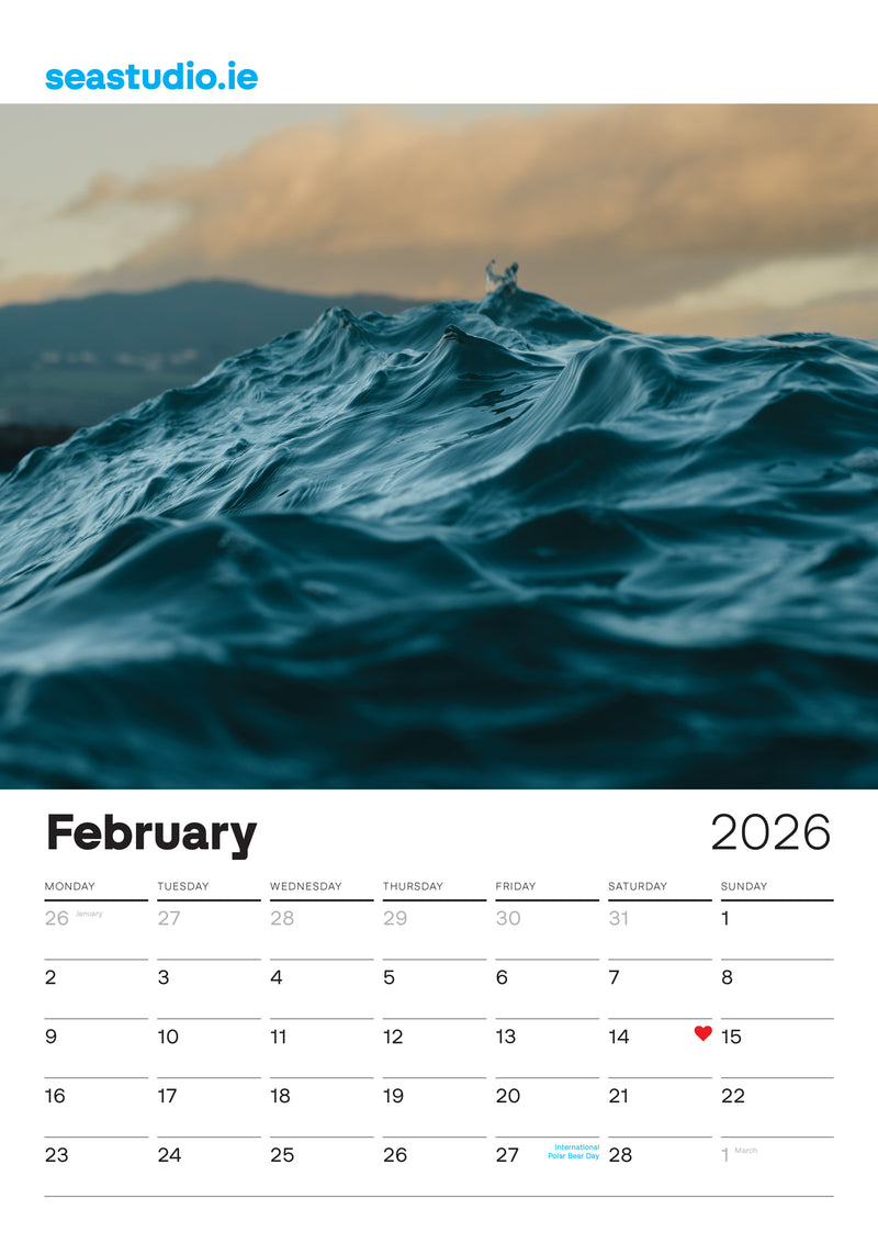 Sea Studio Calendar for February 2026 with a sea theme, featuring a wave.