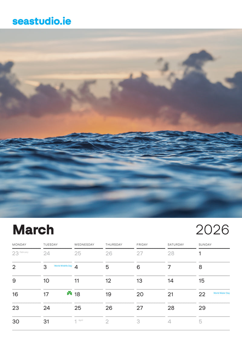 Sea Studio Calendar for March 2026 with a scenic ocean sunset background, featuring the brand 'seastudio.ie'.