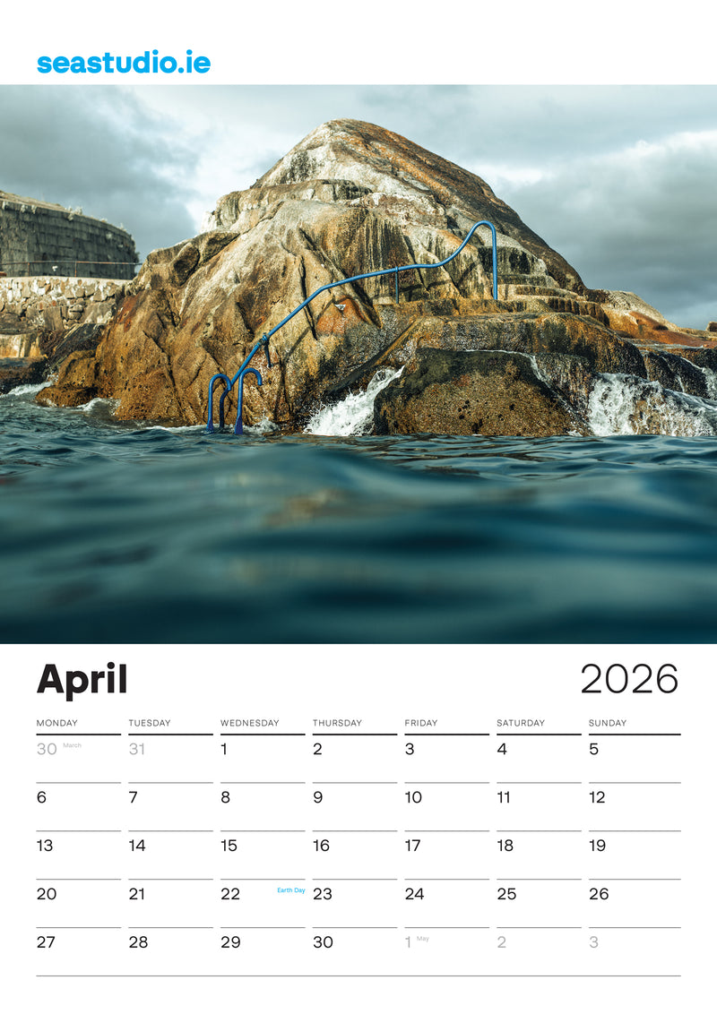 Sea Studio Calendar page for April 2026 with a coastal scene featuring rocks and water in Forty Foot