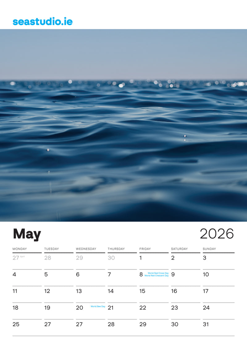 Sea Studio Calendar for May 2026 with a blue ocean wave background and 'seastudio.ie' branding.