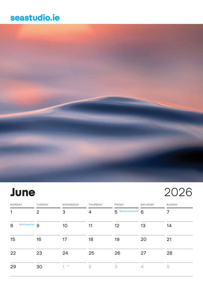 Sea Studio Calendar for June 2026 with a scenic wave design and 'seastudio.ie' branding.