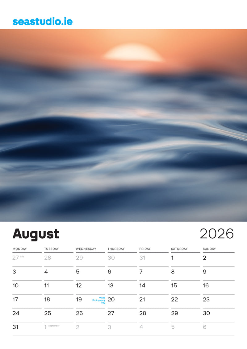 Sea Studio Calendar for August 2026 with a sunset over water design, featuring the brand 'seastudio.ie'.