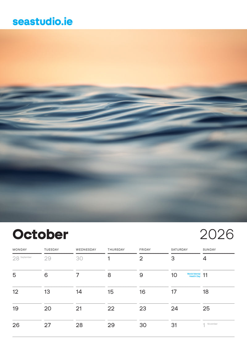 Sea Studio Calendar for October 2026 with a scenic ocean wave background, featuring the brand 'seastudio.ie'.