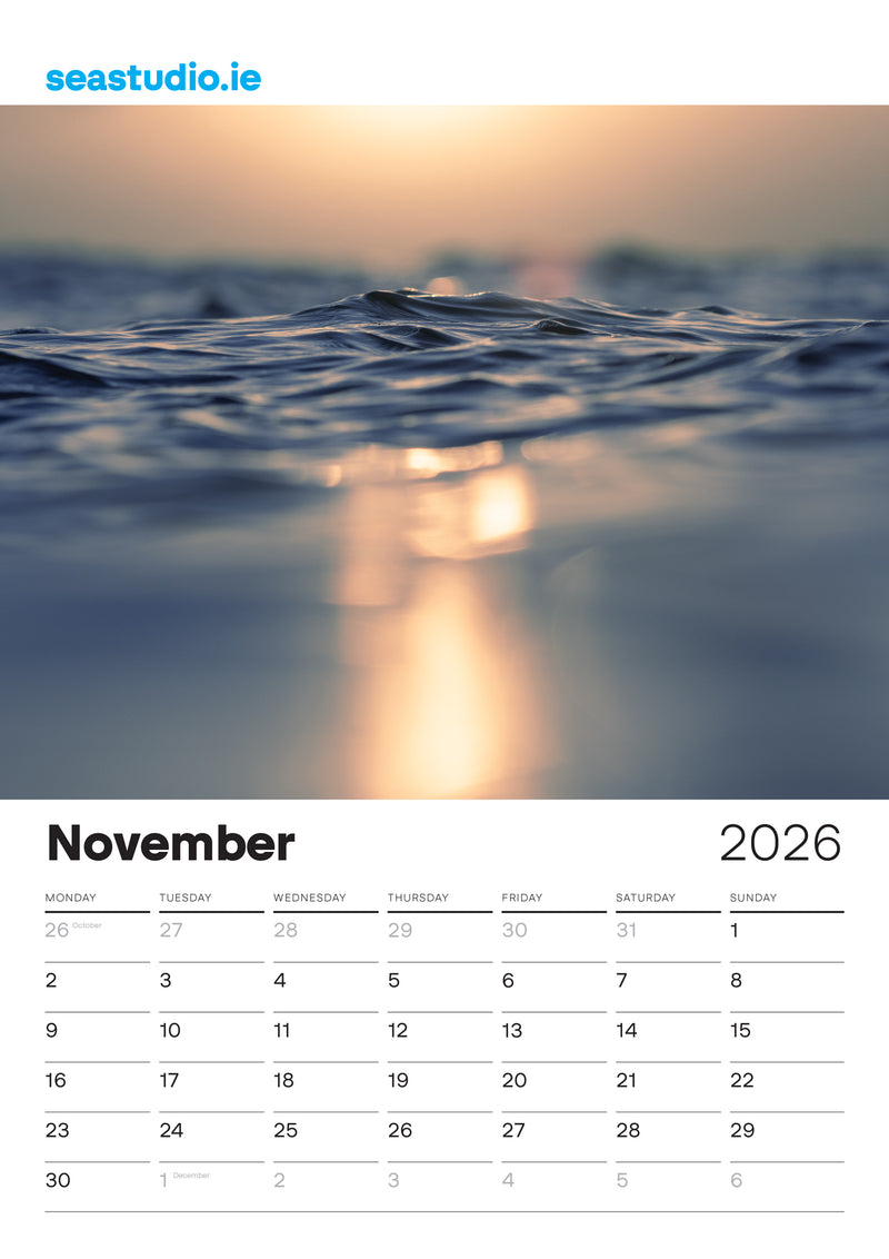 Sea Studio Calendar for November 2026 with a sunset over water design, featuring the brand 'seastudio.ie'.